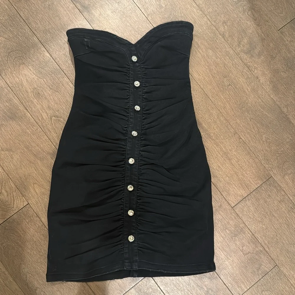 Retrofete Black Strapless Ruched Mini Dress with Rhinestone Buttons
